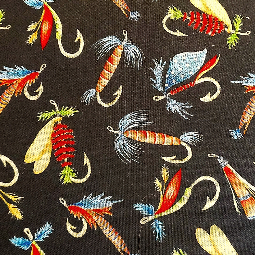 "Keep it Reel" Fishing Lures Black Cotton Fabric Andi Metz Design Kanvas 44x37